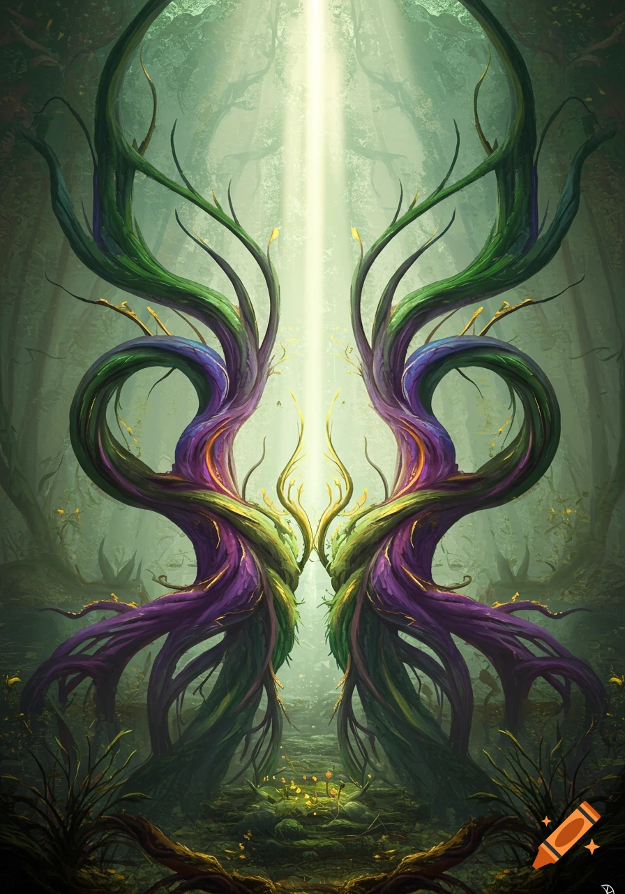 A vibrant, symmetrical fantasy forest scene with intertwined purple and green glowing plant structures, illuminated by a beam of light.