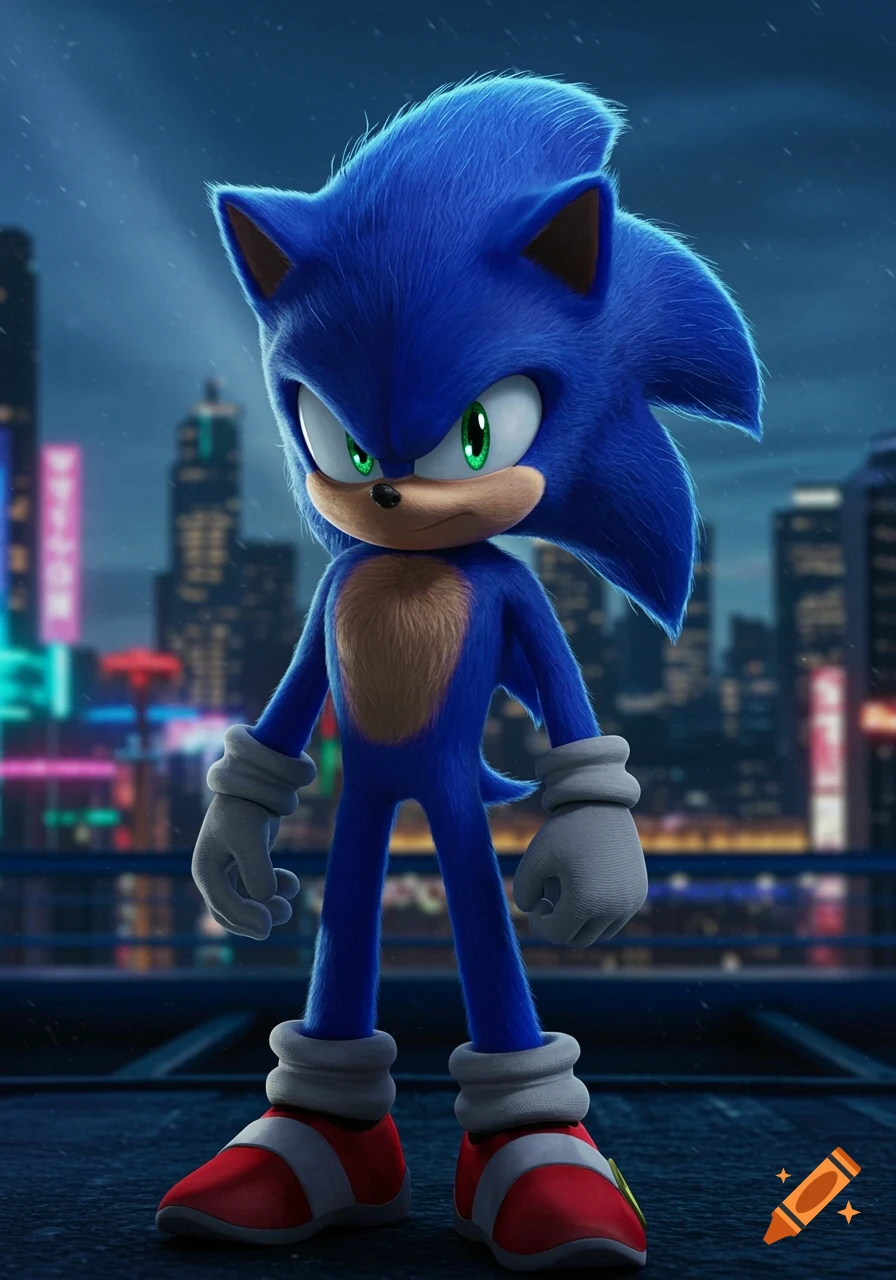 Photorealistic Sonic the Hedgehog standing on a rooftop at night with a blurred neon city in the background.