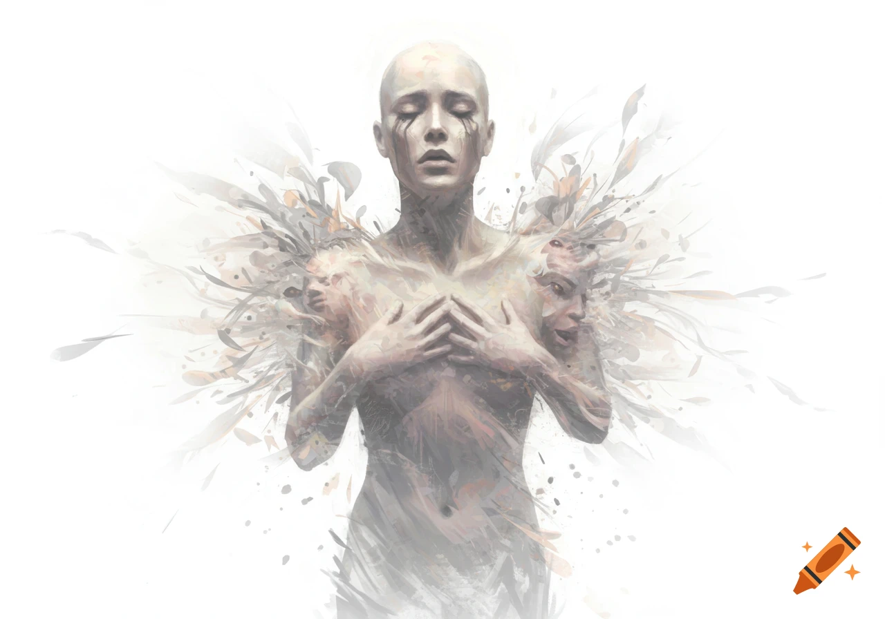 Abstract watercolor painting of a figure with black tears and closed eyes, with distorted faces emerging from its shoulders, on a white background.