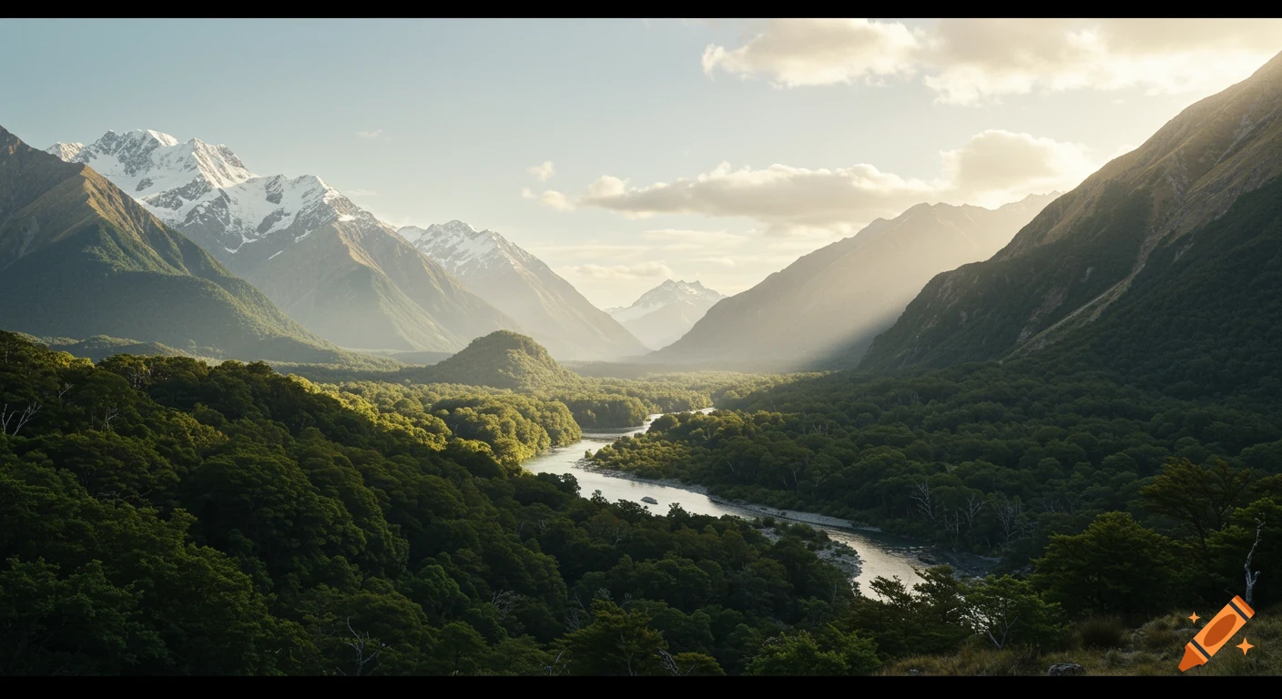 Photorealistic mountain valley landscape with a winding river, lush green forests, snow-capped peaks, and sun rays.