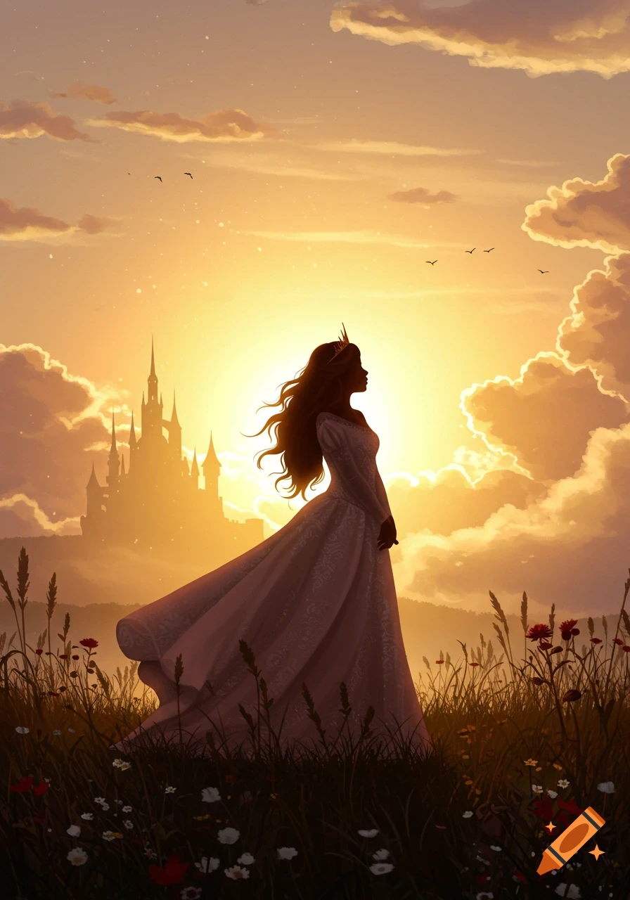 A silhouette of a princess with long flowing hair and a crown, standing in a field of wildflowers, with a fairytale castle and a bright sunset in the background. Illustrated.