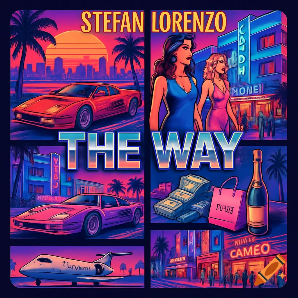 An 80s synthwave-style album cover with multiple panels showing exotic cars, glamorous women, Miami skyline, a private jet, money, and champagne.