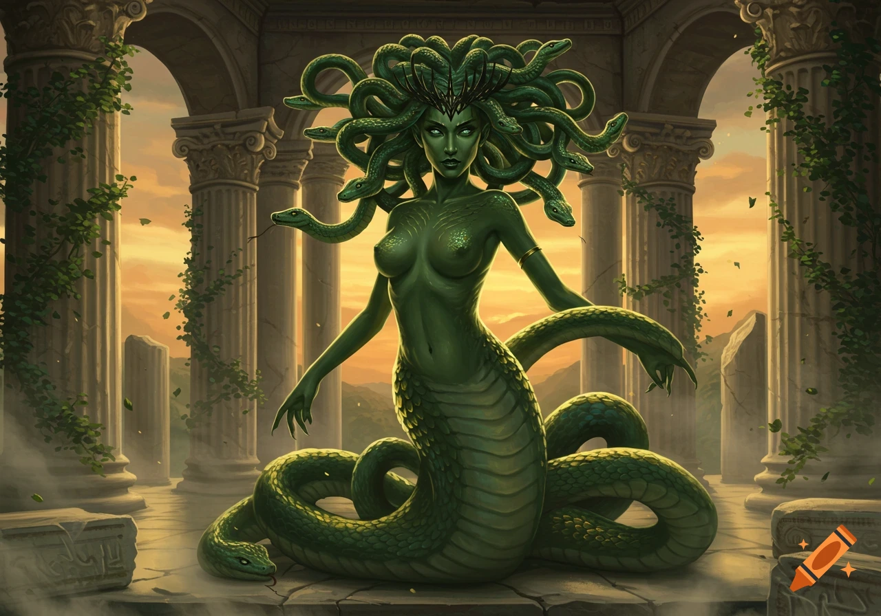 A detailed, full-body depiction of Medusa, with green skin, snakes for hair, and a serpentine lower body, sitting among ancient ruins at sunset.