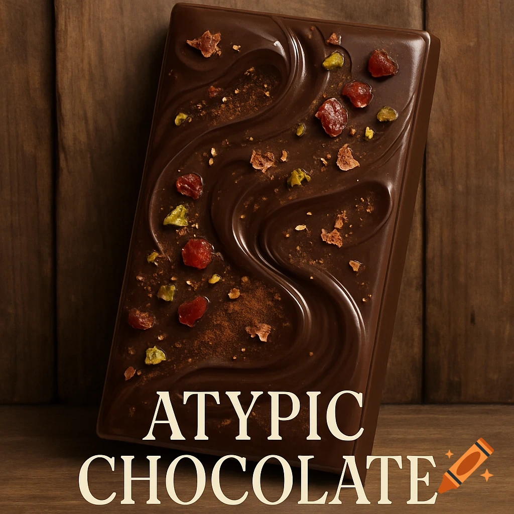 Gourmet dark chocolate bar with dried cranberries, pistachios, and cocoa powder on a wood background. Text 'ATYPIC CHOCOLATE'.