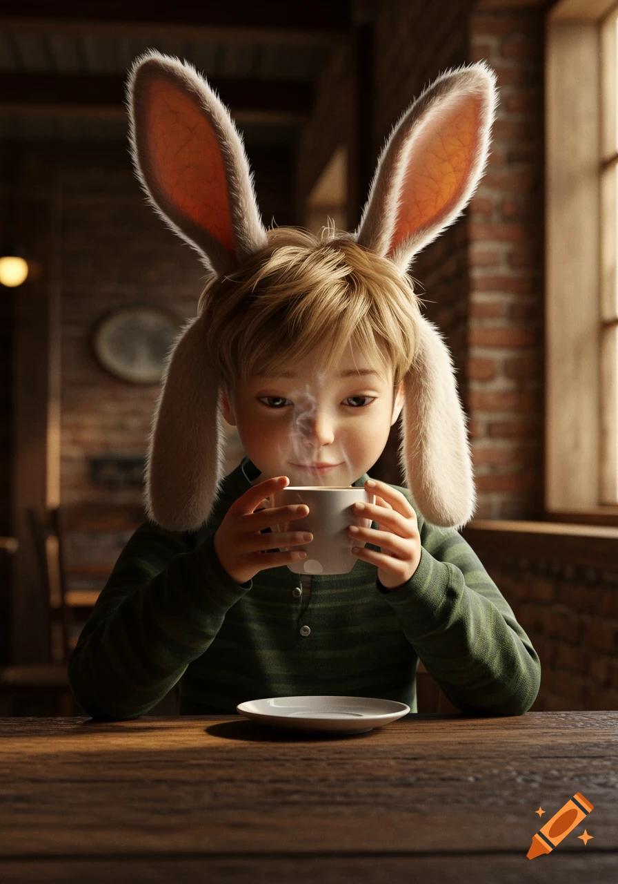 A boy with lop rabbit ears drinks a steaming white cup of coffee at a wooden table in a cozy, sunlit cafe.