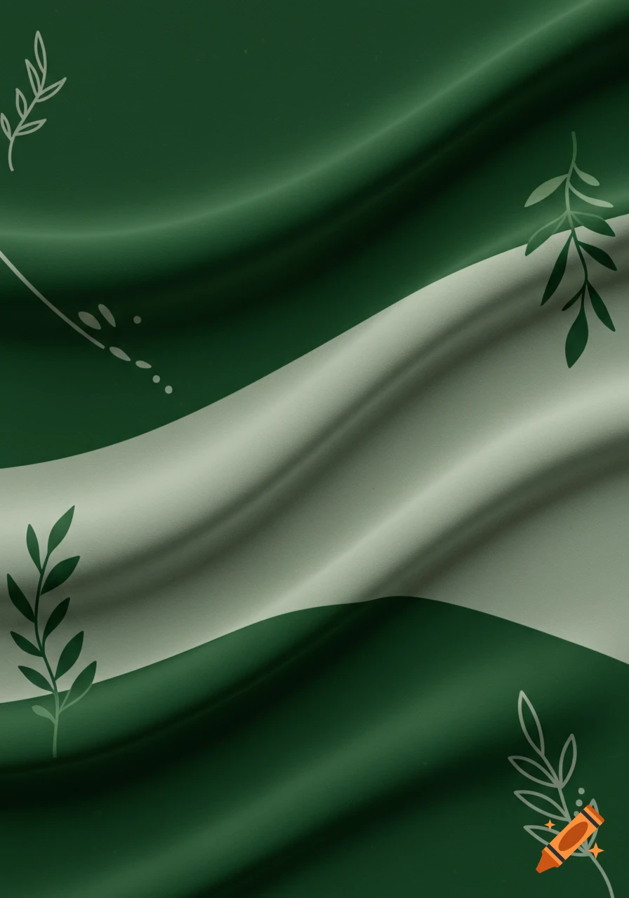 A flag design with wavy dark green and light green fabric, decorated with simple outlines of leaves and dots.