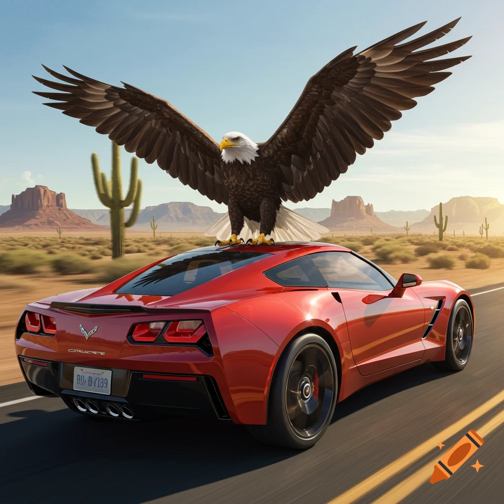 A large bald eagle with outstretched wings perches on a red sports car driving on a desert road under a sunny sky.
