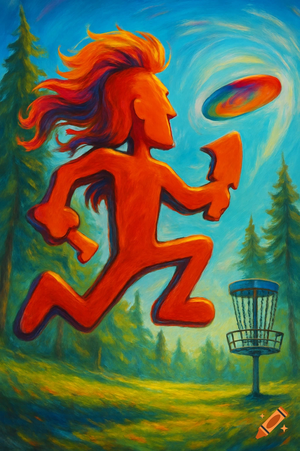 Stylized orange figure with fiery hair playing disc golf in a vibrant, painterly forest with a basket.