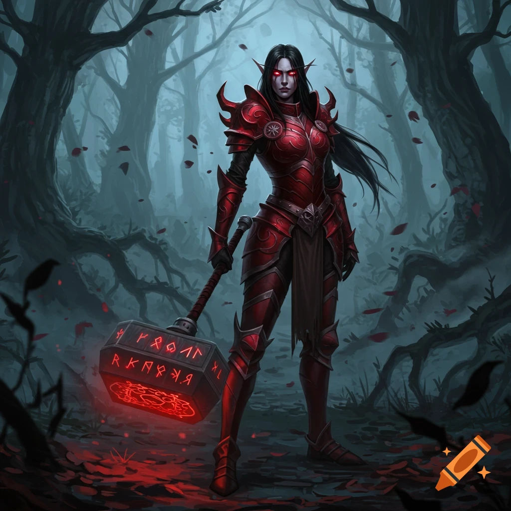 A dark elf warrior in red armor with glowing red eyes stands in a misty forest, holding a large glowing runic hammer.