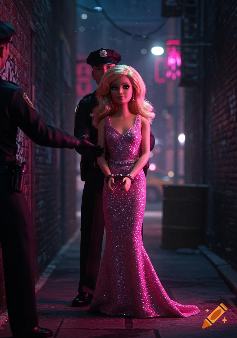Photorealistic image of a Barbie doll in a pink gown being arrested and handcuffed by police officers in a dark, neon-lit city alley.