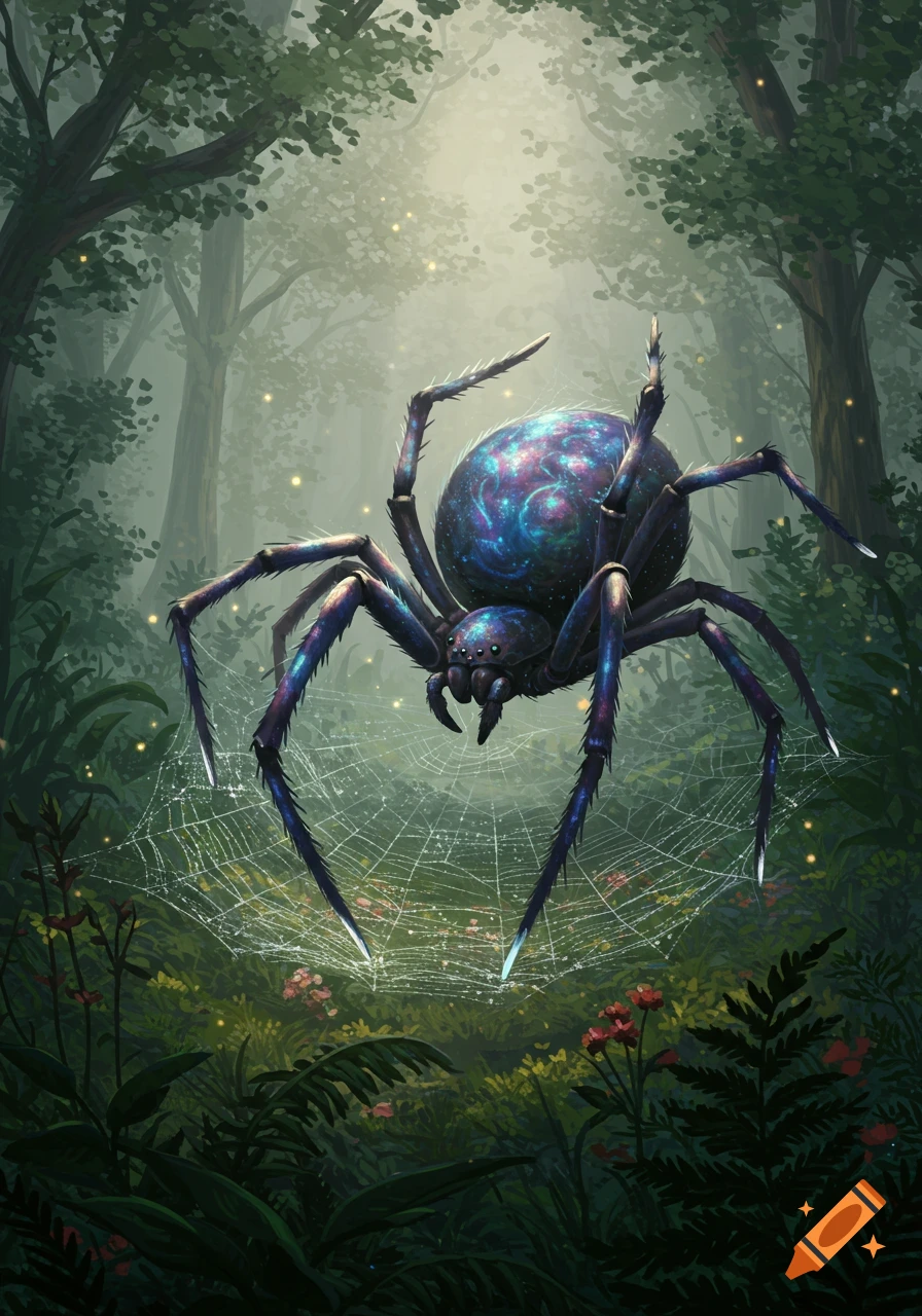 A large, colorful spider with a galaxy pattern on its body sits on a web in a misty, lush forest, digital painting.