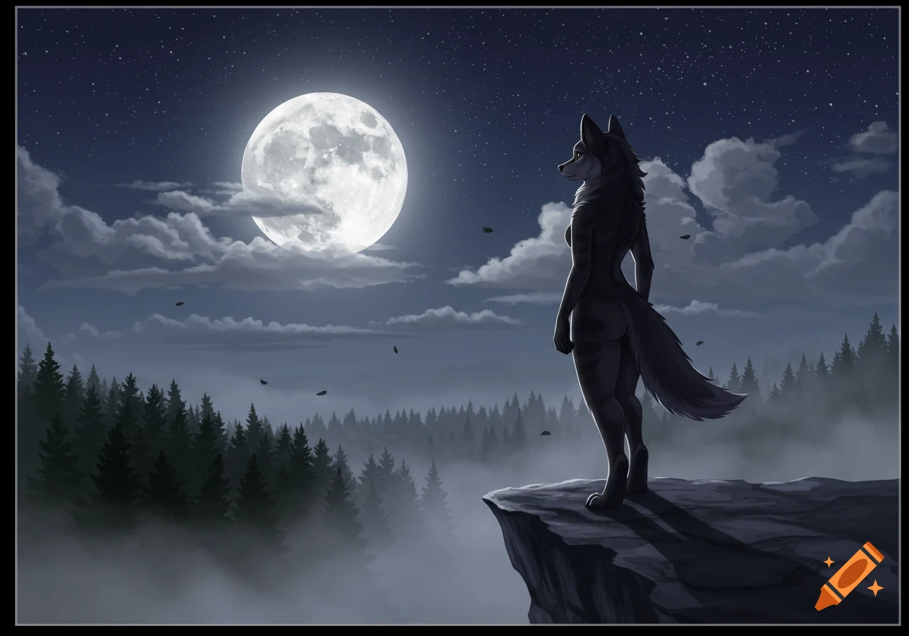 An anthropomorphic wolf stands on a cliff overlooking a misty forest under a large full moon at night.