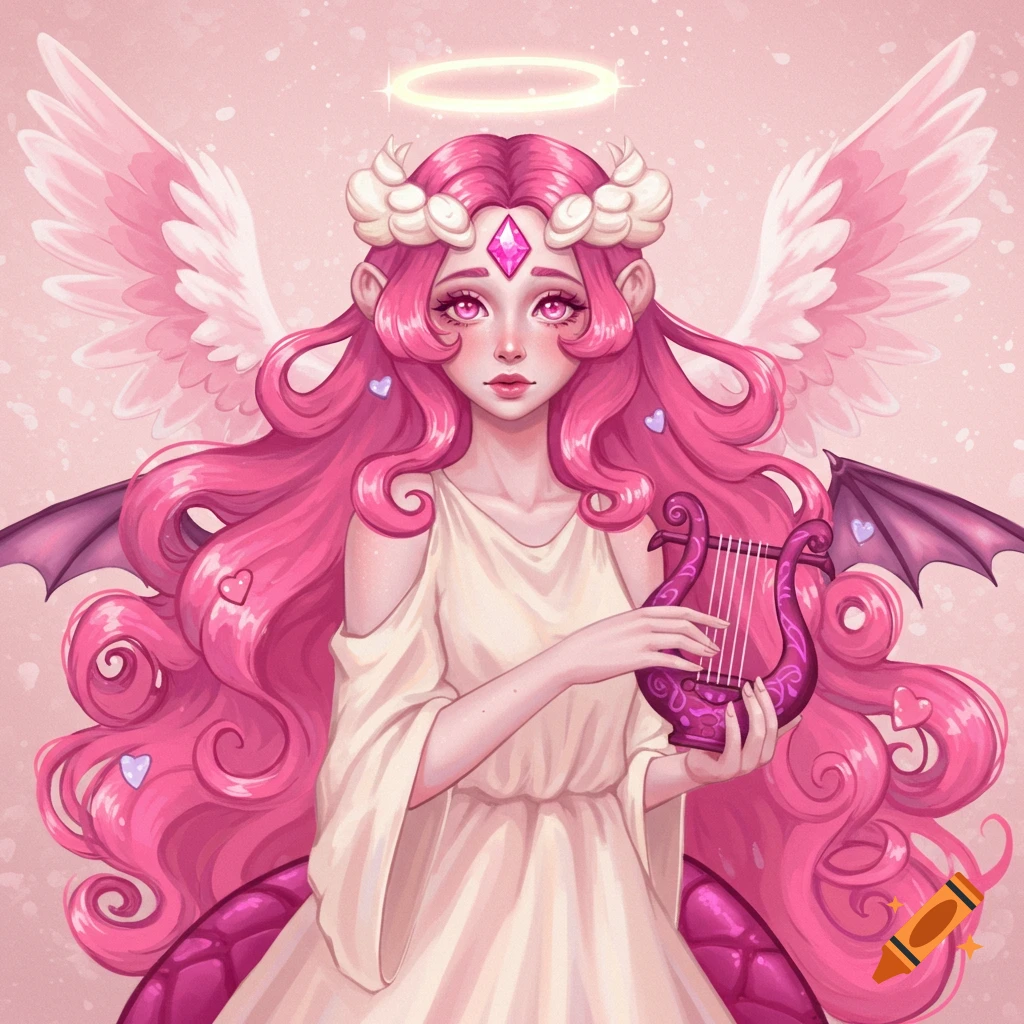 A stylized character with long pink hair, pink eyes, angel and bat wings, halo, and white dress, holding a pink lyre against a pink background.