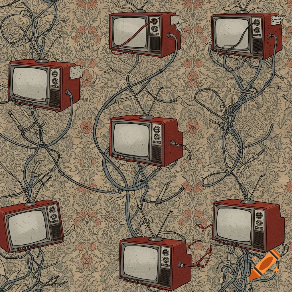 William Morris style pattern of vintage red televisions and tangled wires on a beige floral background.