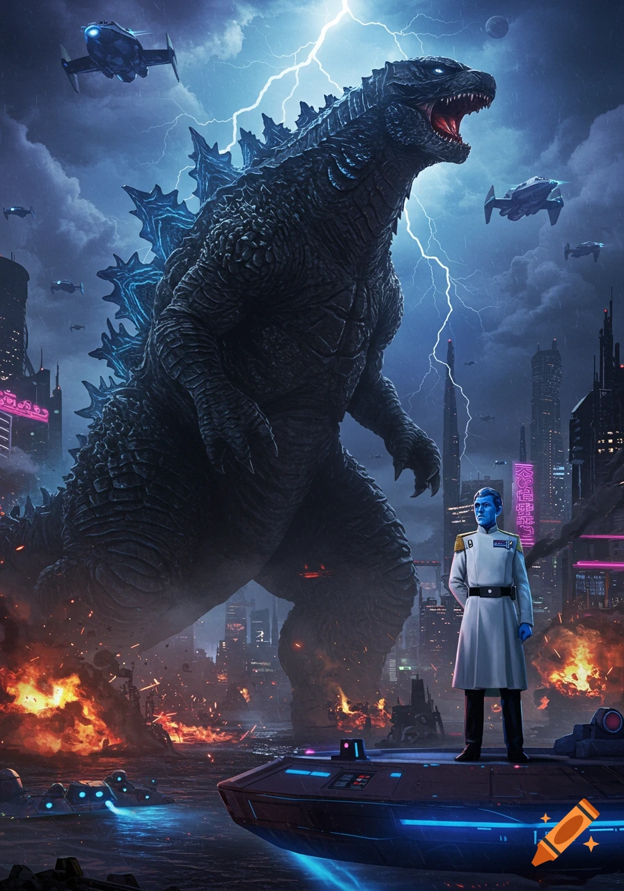 Godzilla roars over a burning futuristic city under a lightning storm, while Grand Admiral Thrawn stands calmly on a futuristic boat.