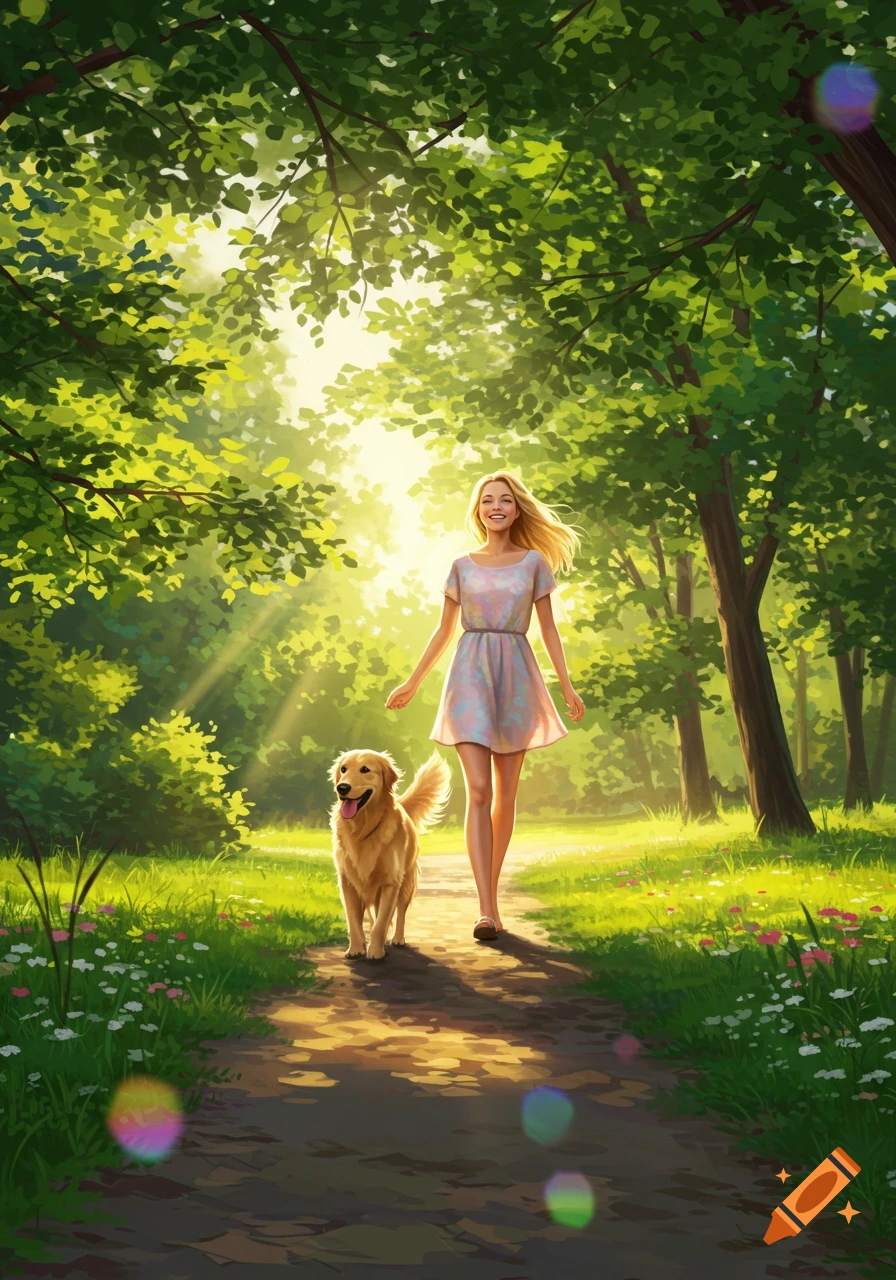 A smiling blonde woman walks a golden retriever on a sunny path through a lush green forest, with light dappling through the trees.