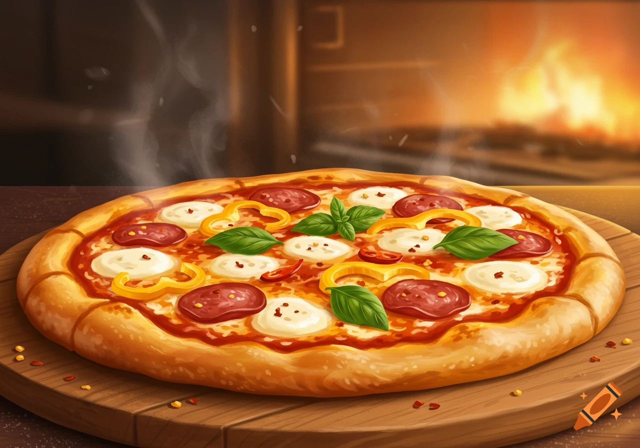 A steaming, freshly baked pizza with pepperoni, mozzarella, bell peppers, and basil on a wooden board in front of a warm oven.