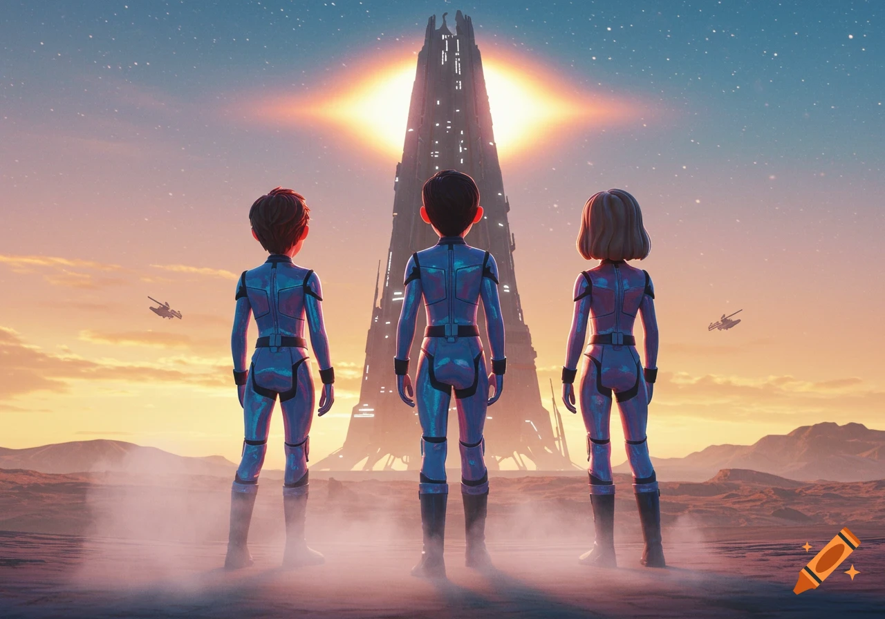 Three cartoon teenagers in blue space suits look at a giant futuristic tower under a colorful sky on an alien planet.