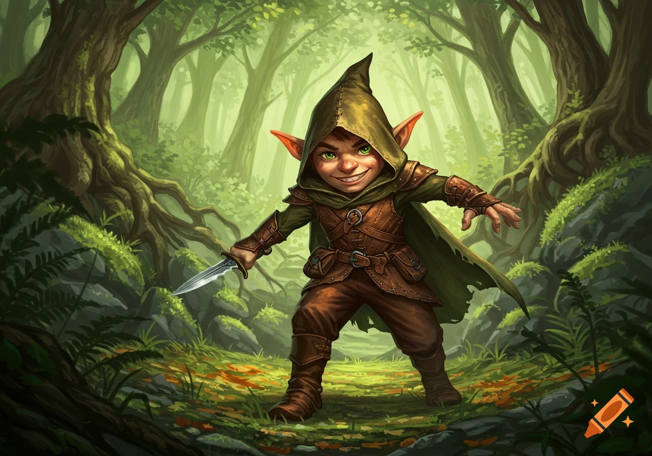 A mischievous forest gnome rogue in a hooded cloak, holding a dagger, in a lush green forest.