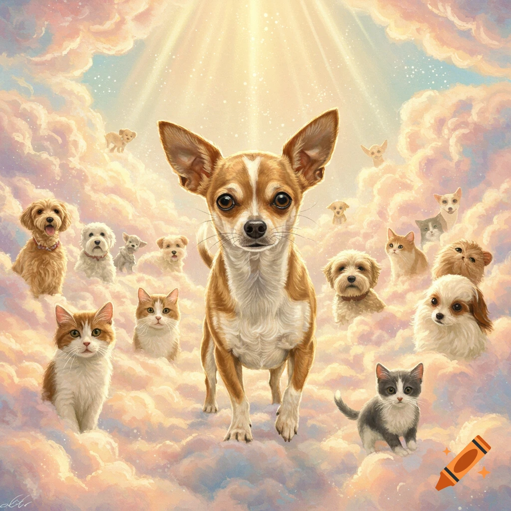 A chihuahua and other dogs and cats float among fluffy pink and orange clouds with golden light rays shining down, in a painterly style.