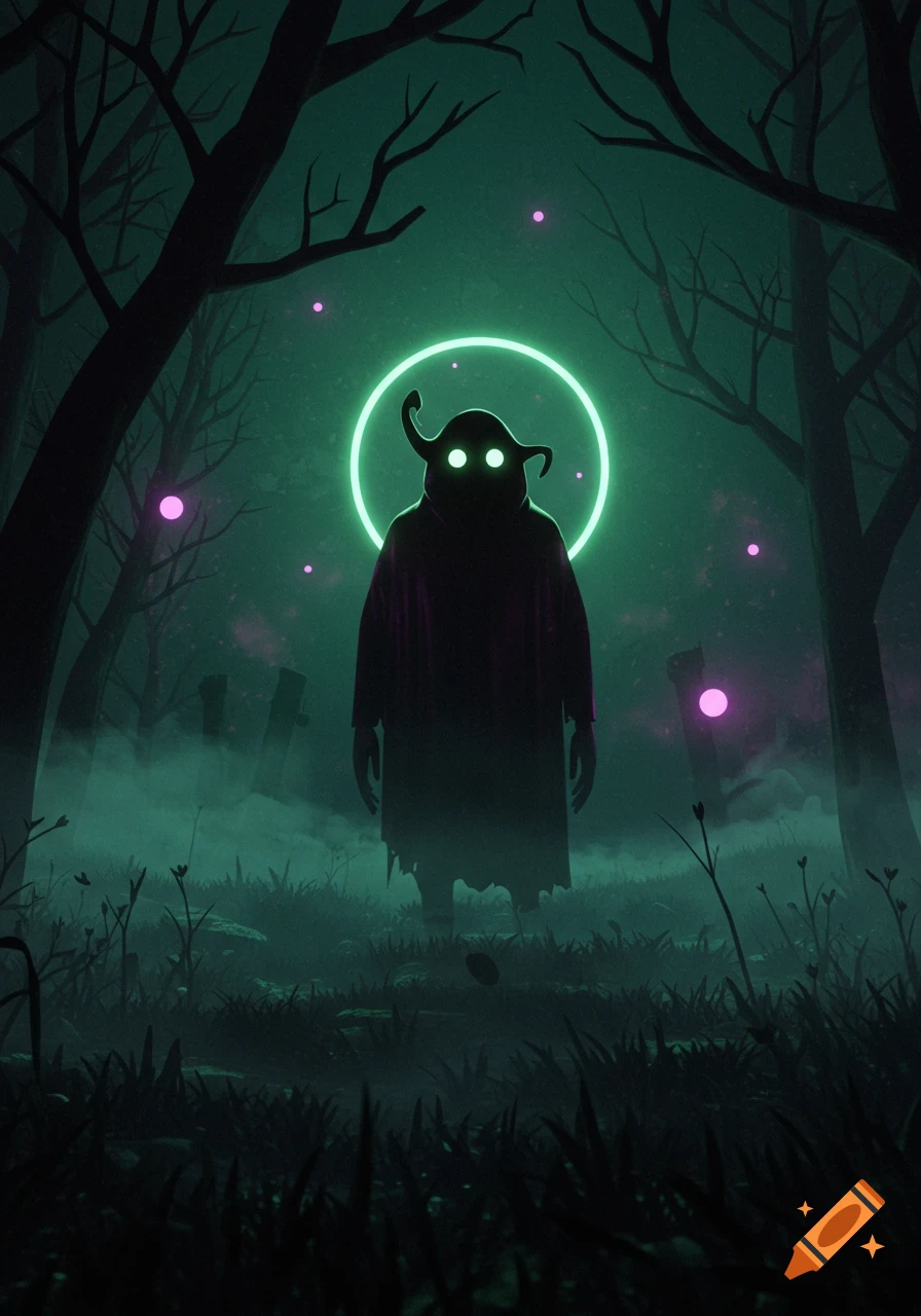 A silhouetted, cloaked figure with glowing eyes and horns stands in a dark, misty forest, encircled by a neon green halo.