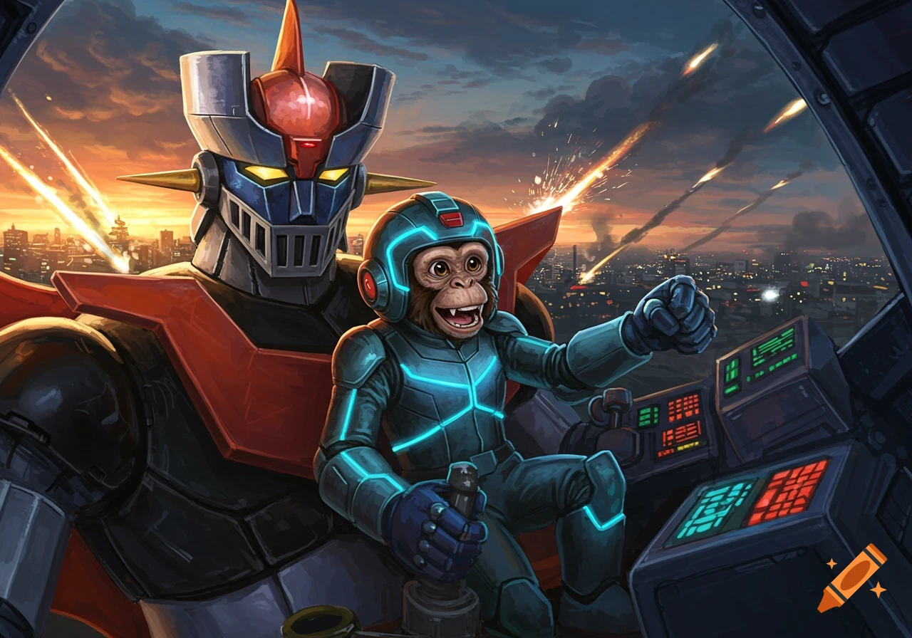 A monkey in a glowing blue mech suit pilots the giant robot Mazinger Z over a city under attack at sunset.