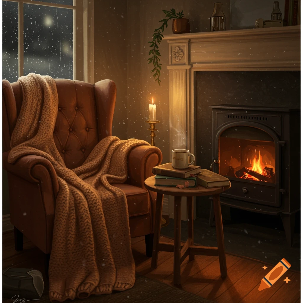 A cozy armchair with a blanket next to a fireplace, a side table with books and a steaming mug, and a snowy window view.
