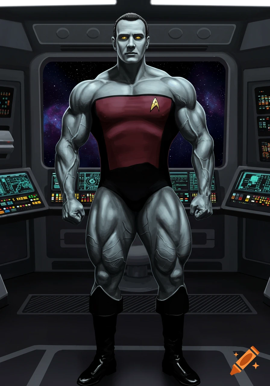 A muscular man with grey skin and yellow eyes, wearing a red and black Starfleet uniform, stands on a spaceship bridge.