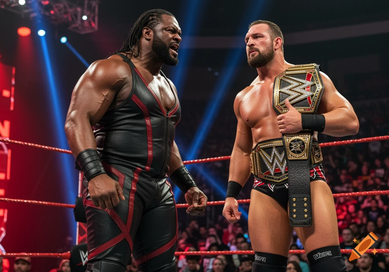 Two muscular male wrestlers face off in a wrestling ring, one holding a championship belt.
