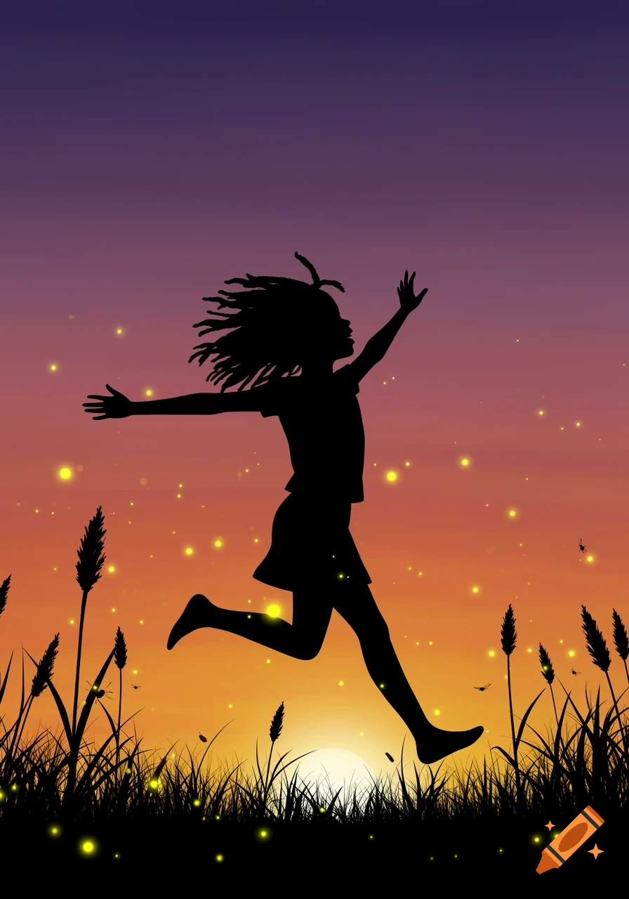 Silhouette of a child with dreadlocks running joyfully through a field of tall grass and fireflies at sunset.