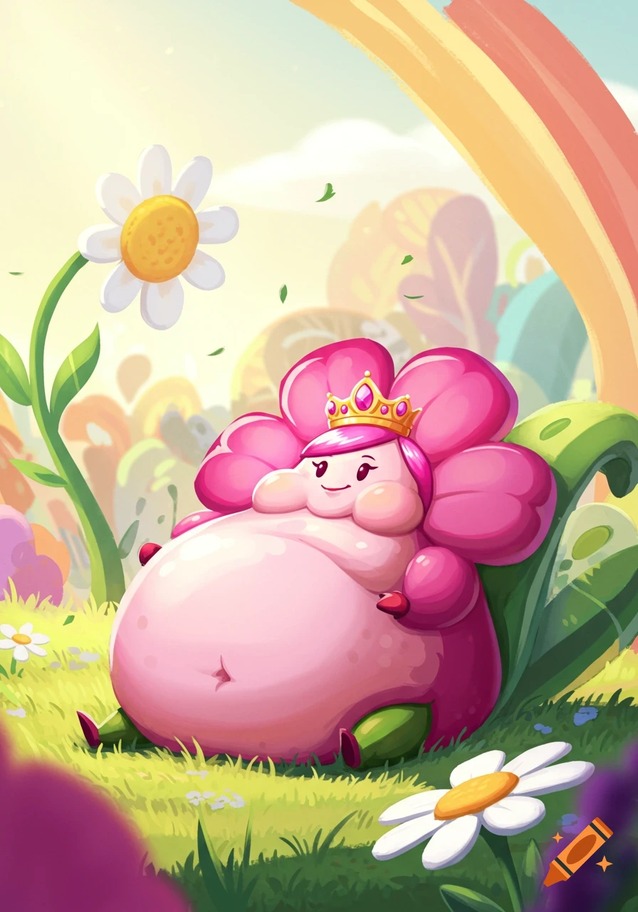 A plump pink cartoon flower character with a gold crown sits in a whimsical, colorful garden with large daisies and a rainbow.