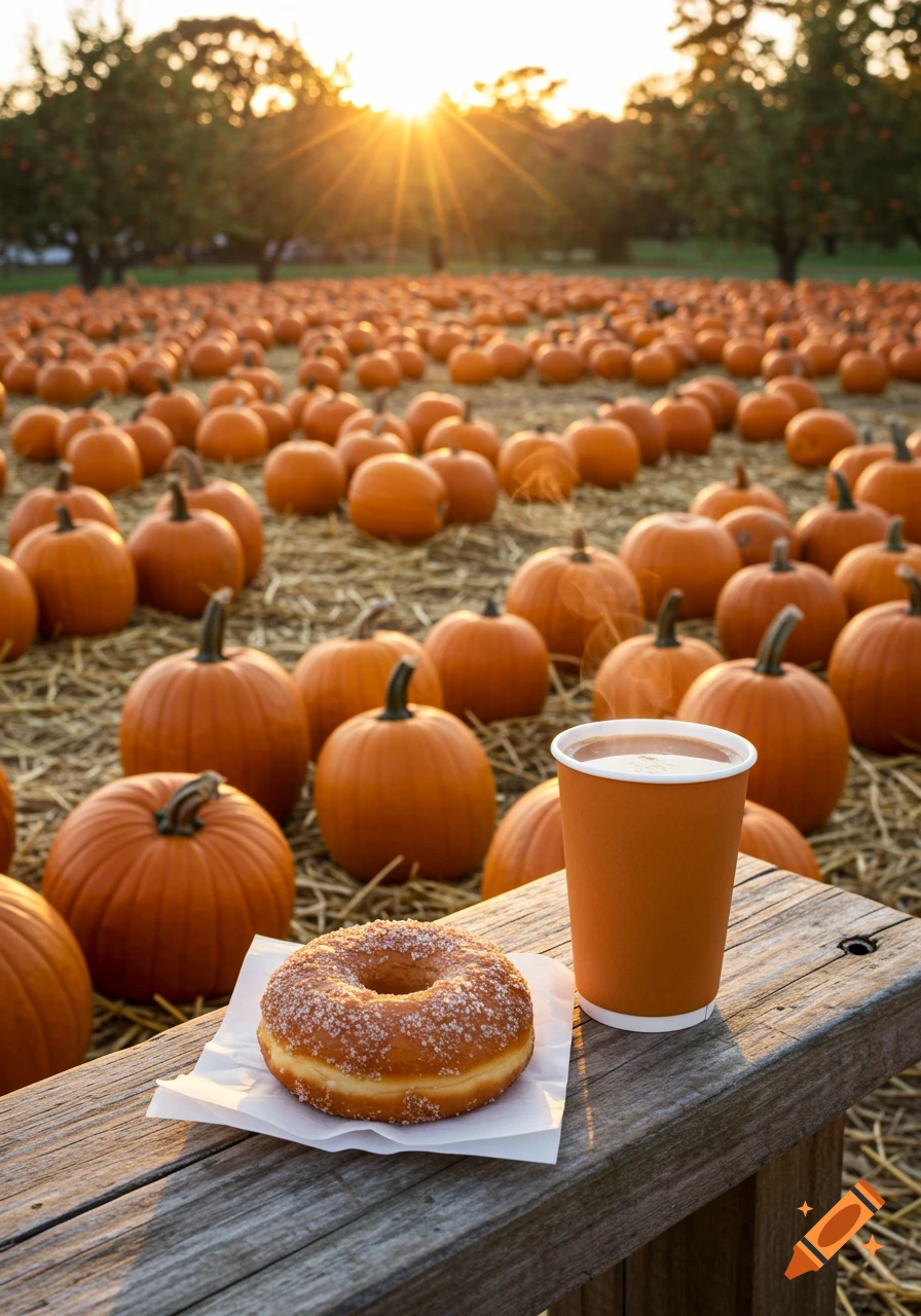 A photorealistic image of a sugar donut and a steaming orange cup on a wooden plank in a pumpkin patch at sunset.