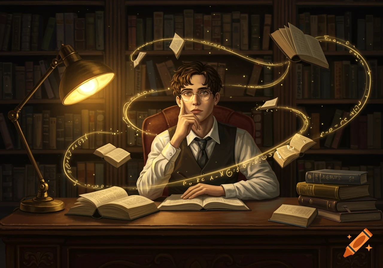 A young man in glasses sits at a desk in a library, surrounded by floating books and glowing magical symbols.