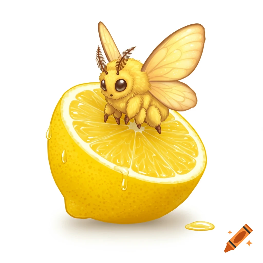 A cute, fluffy yellow moth with big eyes sits on a juicy, half-cut lemon. Illustration.