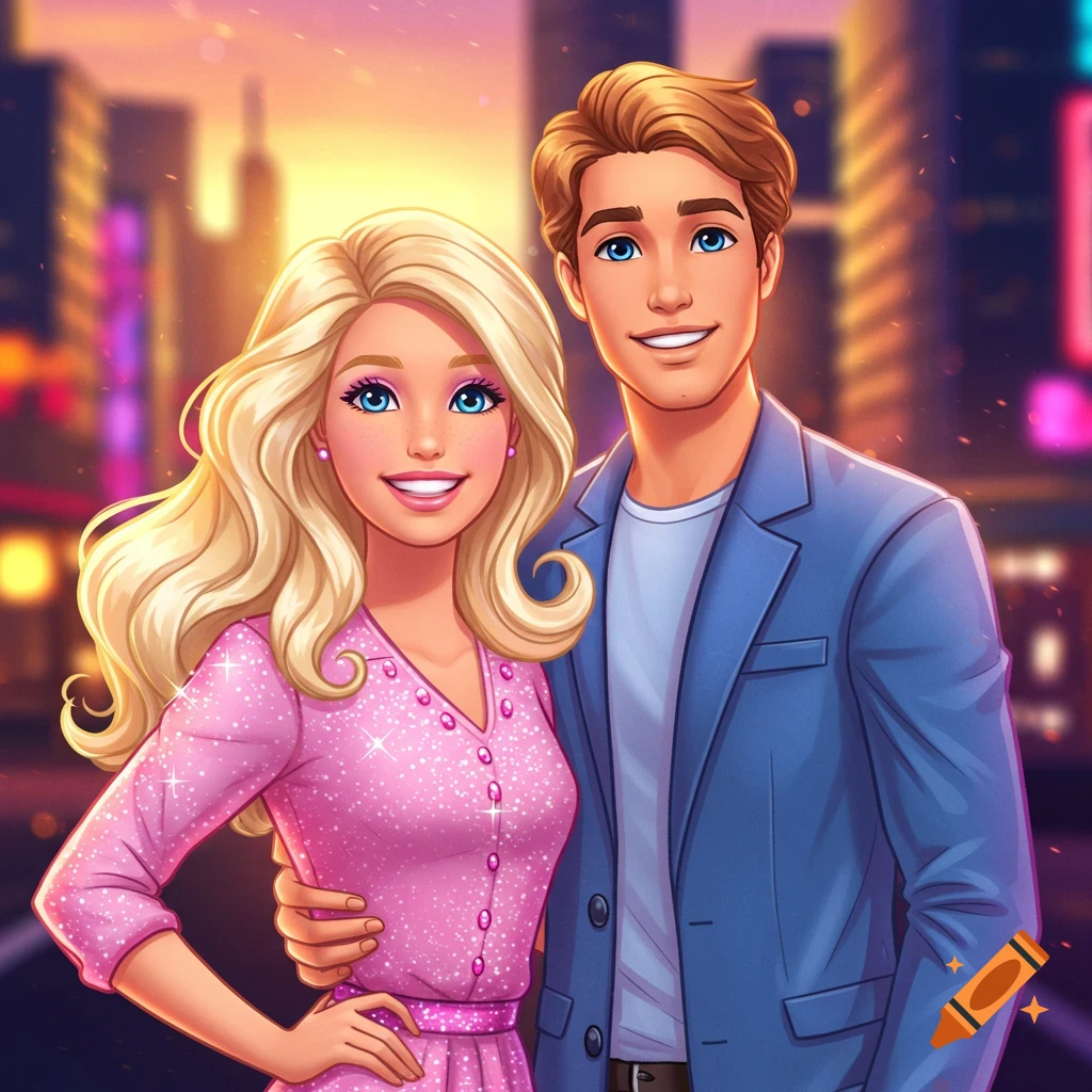 A smiling cartoon couple resembling Barbie and Ken, a blonde woman in pink and a brown-haired man in blue, against a vibrant city skyline at sunset.