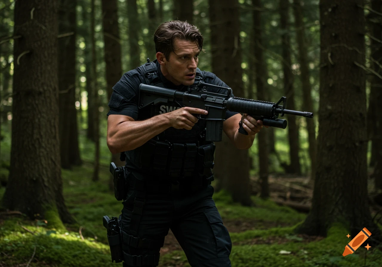 A photorealistic man in a black tactical SWAT uniform carries an M16 rifle, looking alert in a mossy forest.