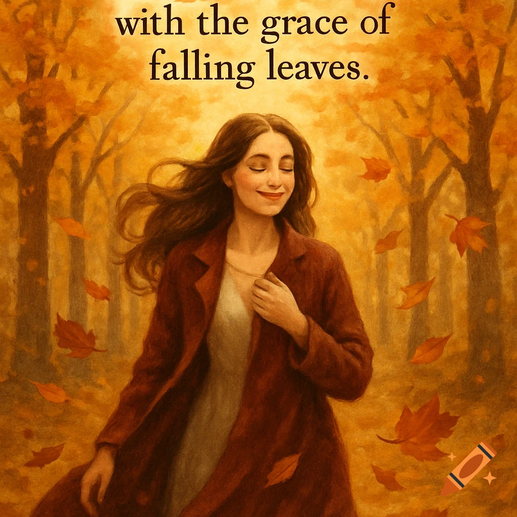 Illustration of a woman in a red coat smiling in an autumn forest with falling orange leaves and text 'with the grace of falling leaves.'