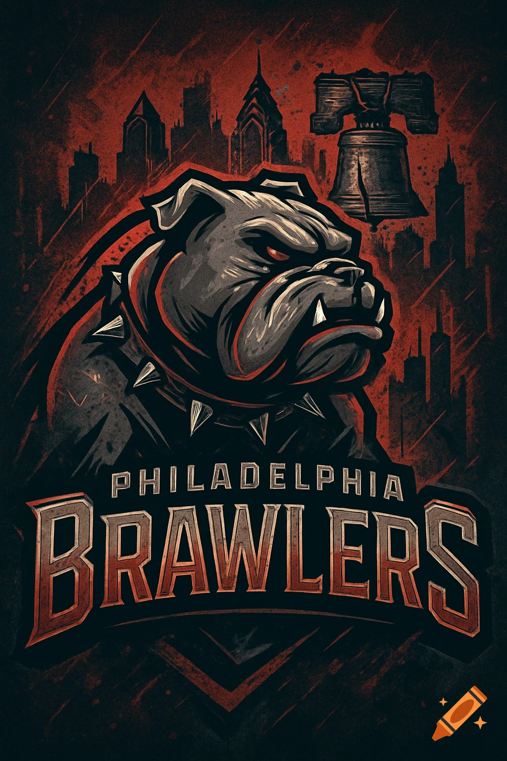 Stylized bulldog mascot with studded collar against a grunge red Philadelphia skyline with the Liberty Bell, text 'PHILADELPHIA BRAWLERS'.