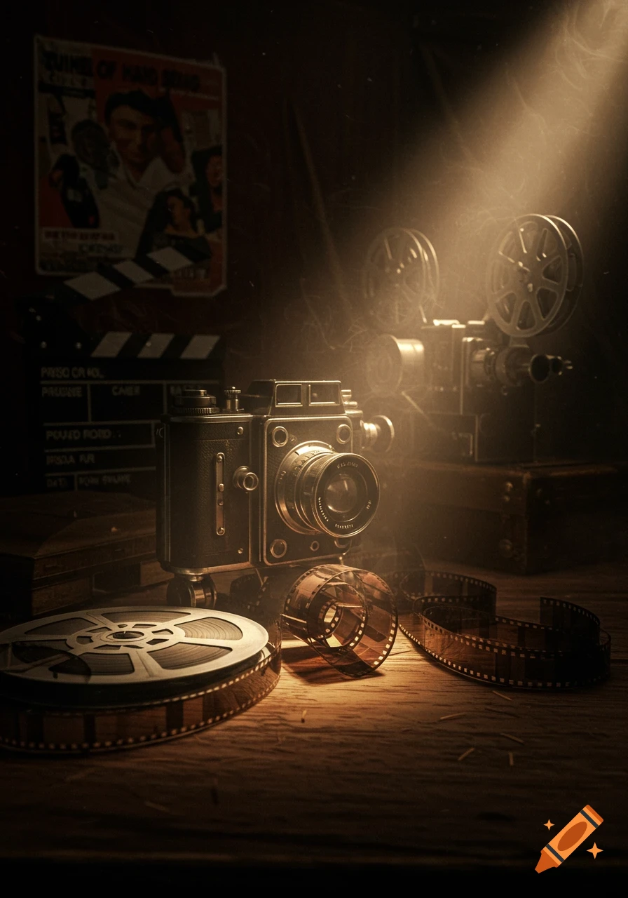 A vintage still life featuring an old camera, film projector, film reels, and a clapperboard on a wooden table, illuminated by a spotlight through dusty air.