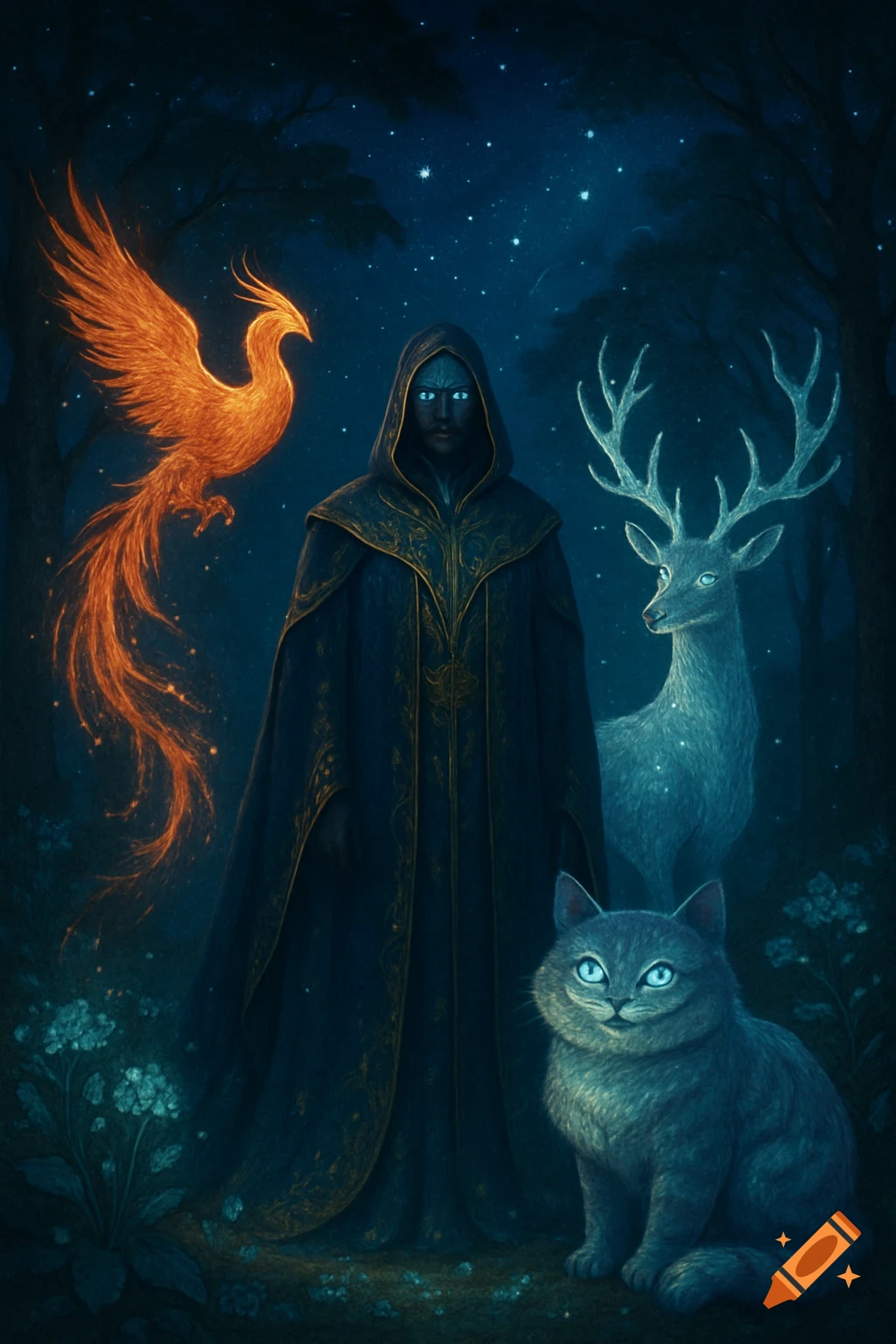 Mysterious hooded figure with glowing eyes in a dark, starry forest, flanked by a fiery phoenix, luminous deer, and blue-eyed cat. Fantasy.