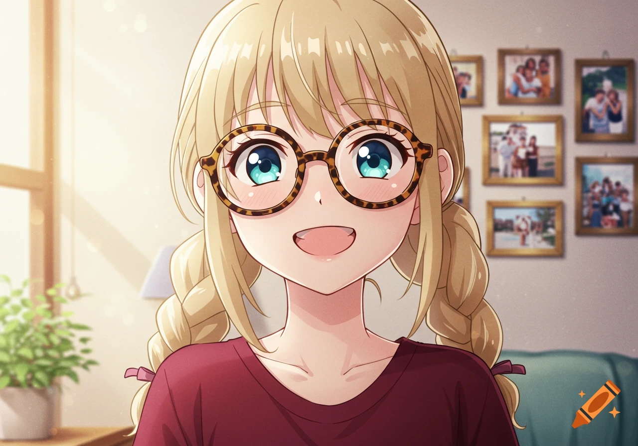 Smiling anime girl with blonde braided hair, tortoiseshell glasses, and a maroon shirt, in a bright room with framed photos.