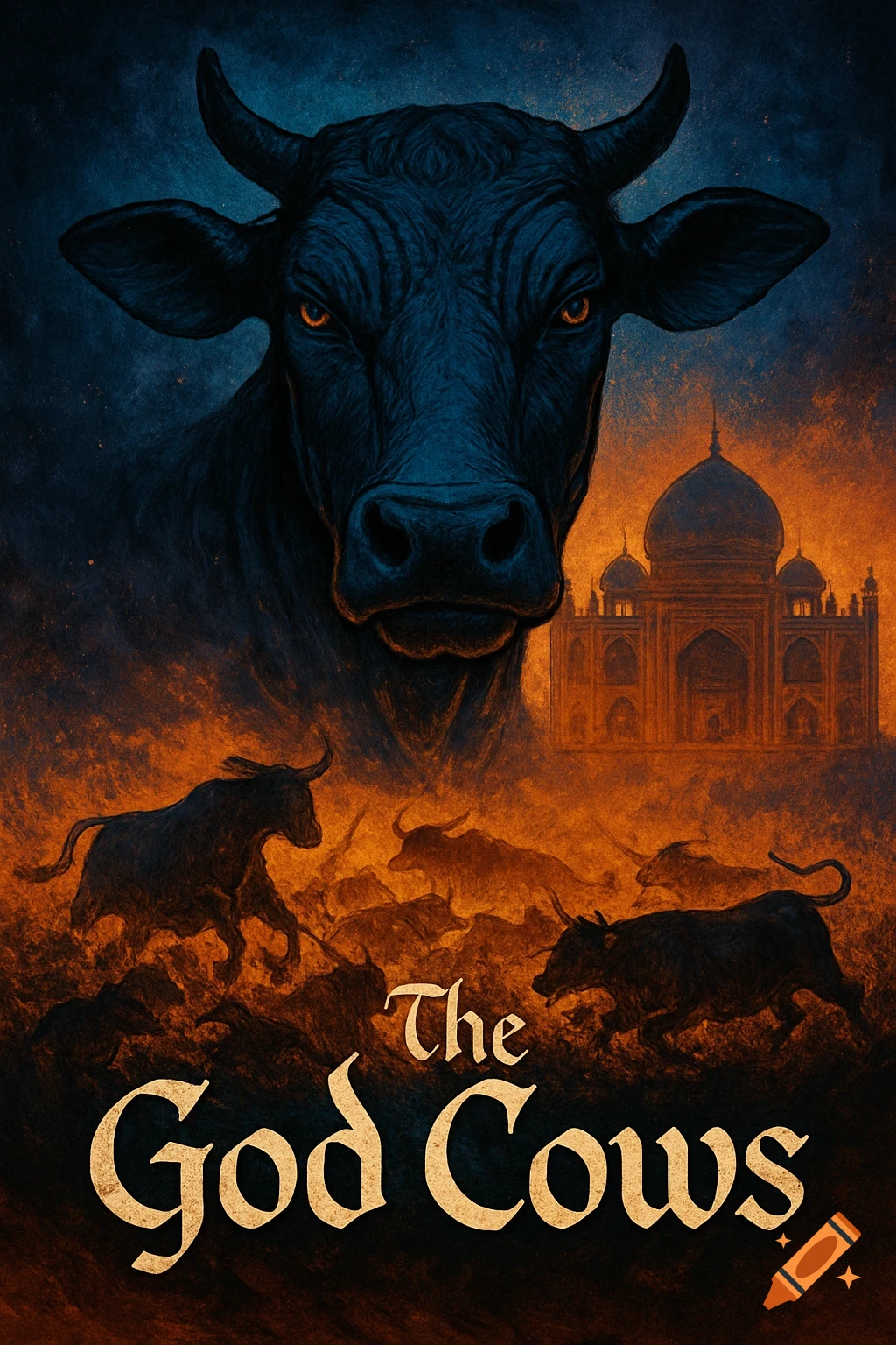 Dramatic fantasy movie poster with a giant black cow head, running cows, and the Taj Mahal under a fiery orange and dark blue sky.