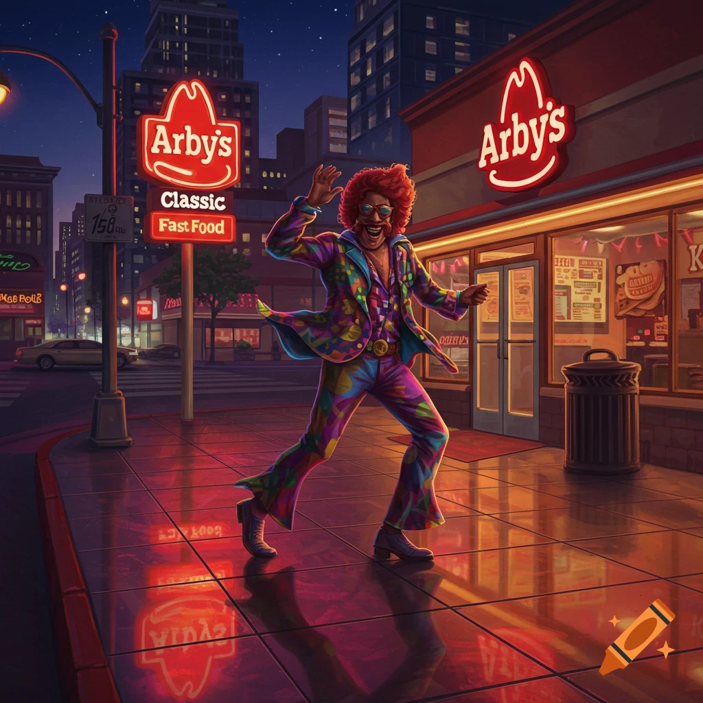 A flamboyant man in a colorful suit dances on a neon-lit city street outside an Arby's at night, in an illustrative style.