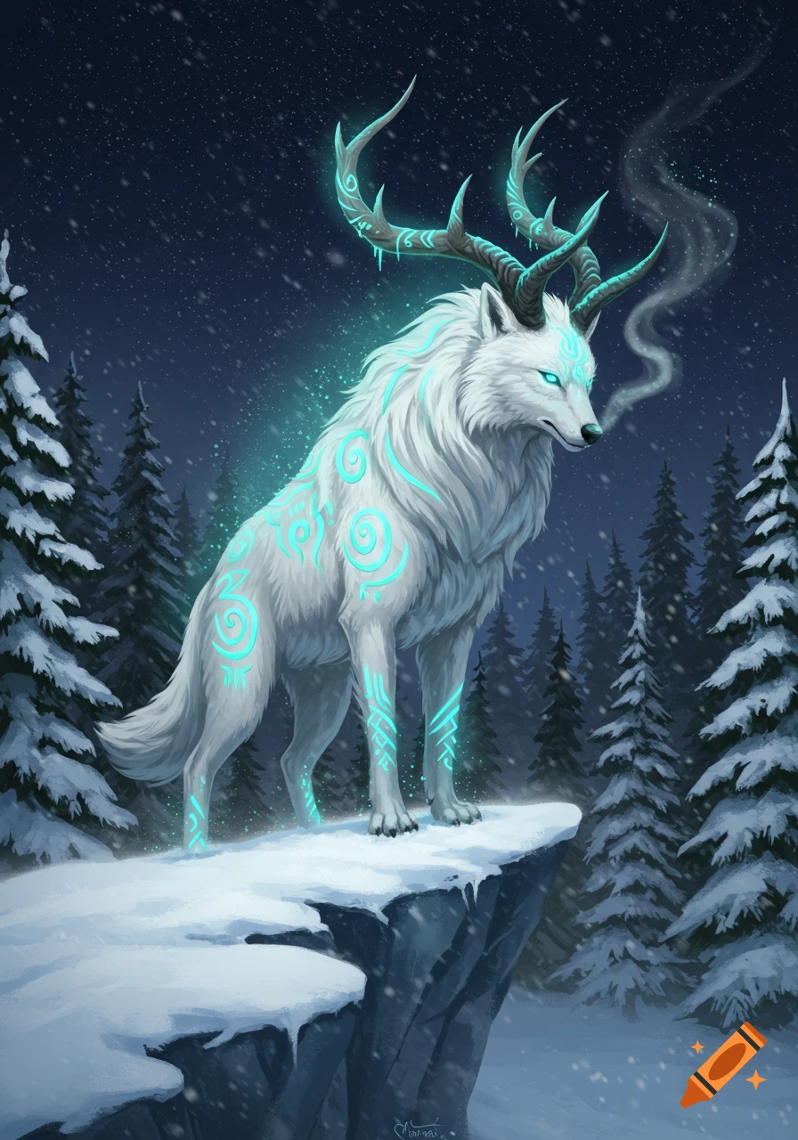 A majestic white wolf with glowing teal patterns and antlers stands on a snowy cliff in a winter forest under a starry night.