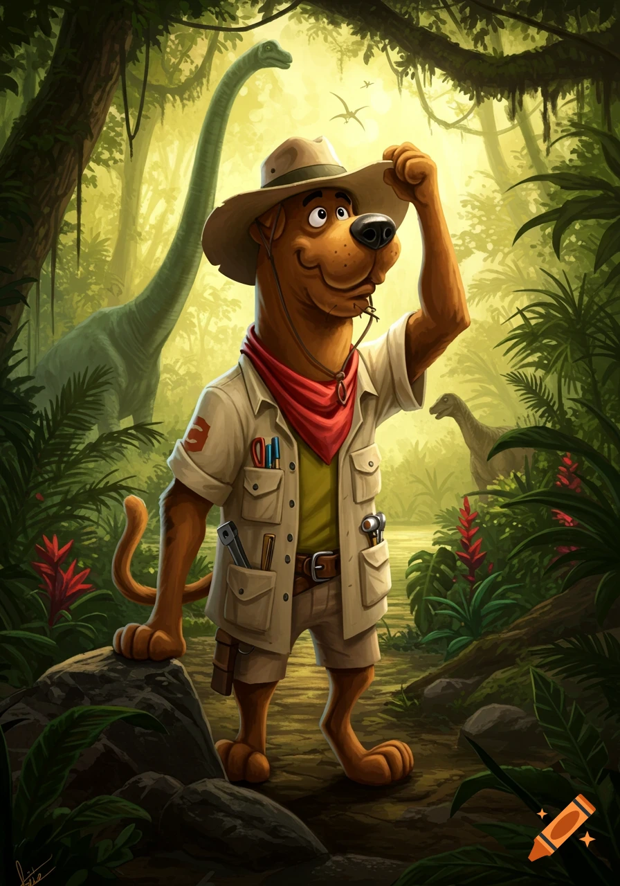 Scooby Doo as an explorer in a lush jungle, holding his hat and looking up, with long-necked dinosaurs in the background.