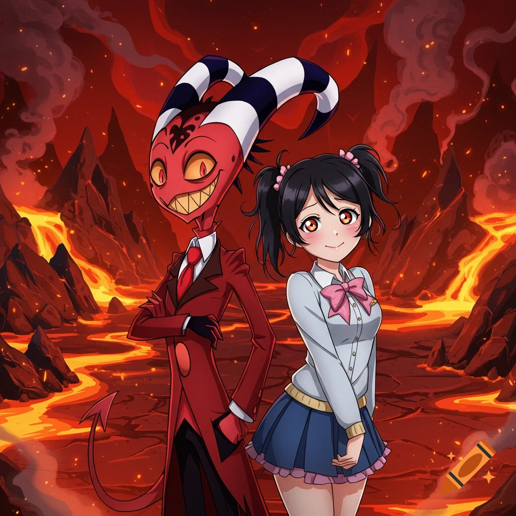 Animated demon Blitzo from Helluva Boss and anime girl Nico from Love Live stand smiling in a fiery hellscape with lava and smoke.