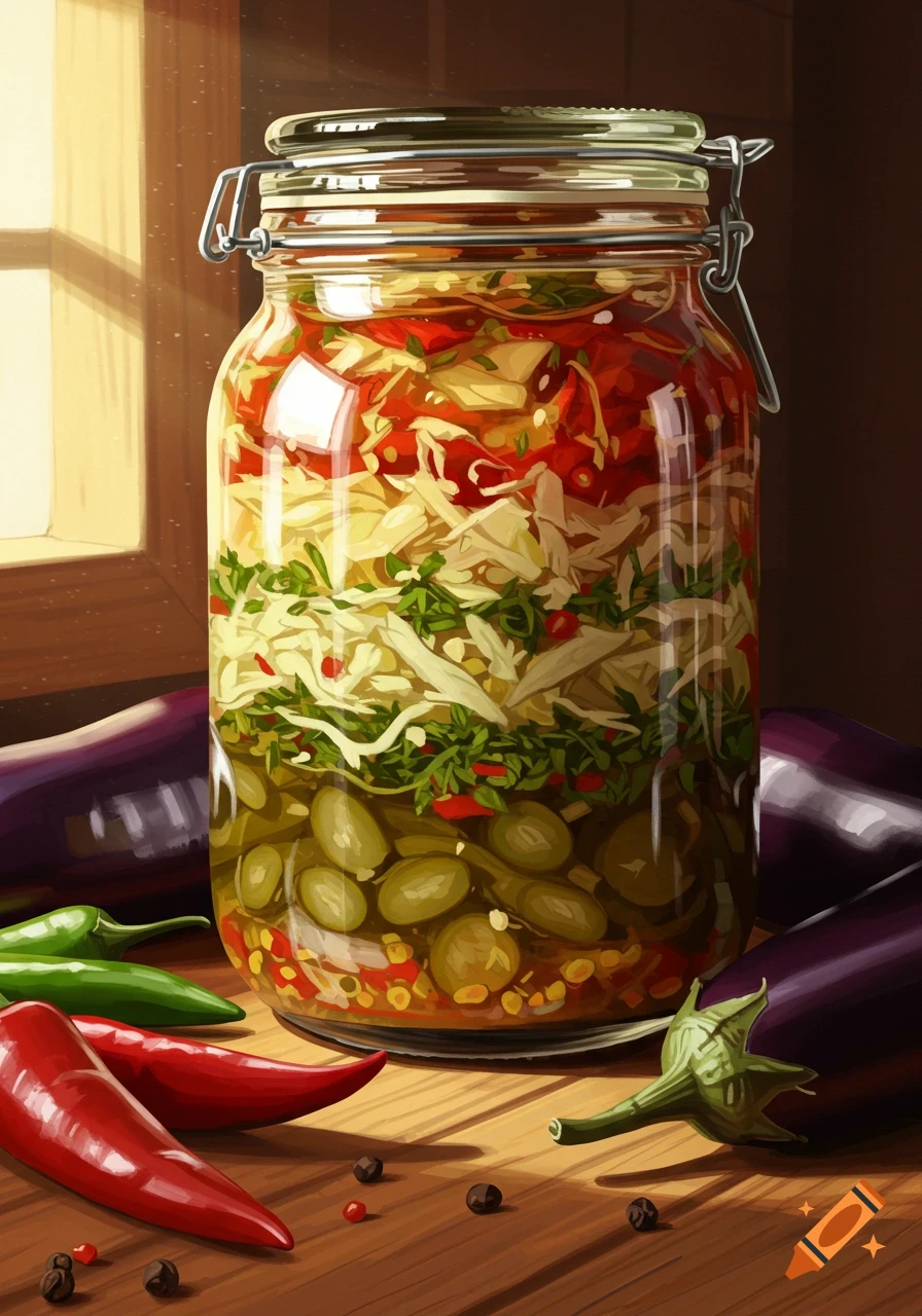 Illustration of a tall jar of layered pickled vegetables surrounded by fresh peppers and eggplants on a wooden table.