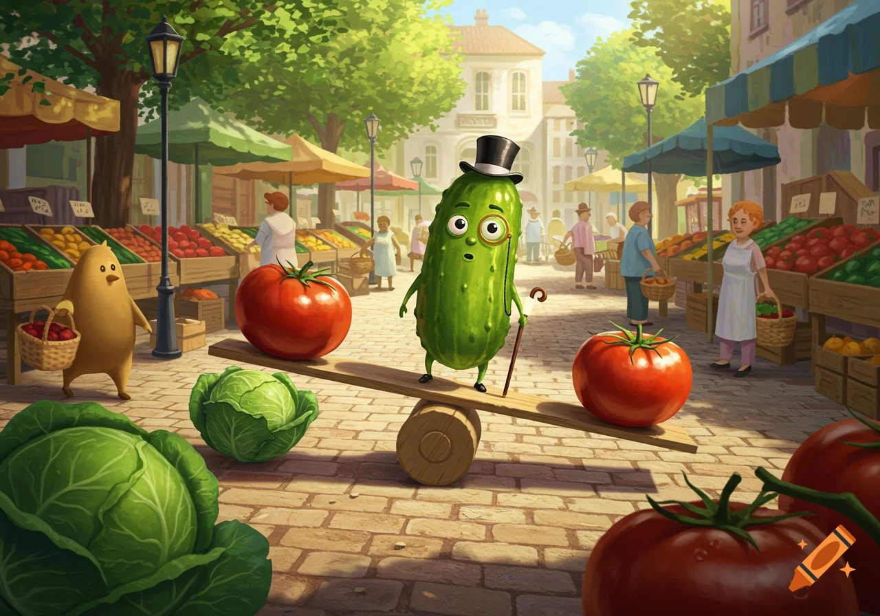 A cartoon dapper pickle in a top hat balances on a seesaw between two tomatoes at a bustling outdoor market, with a potato-like character nearby.