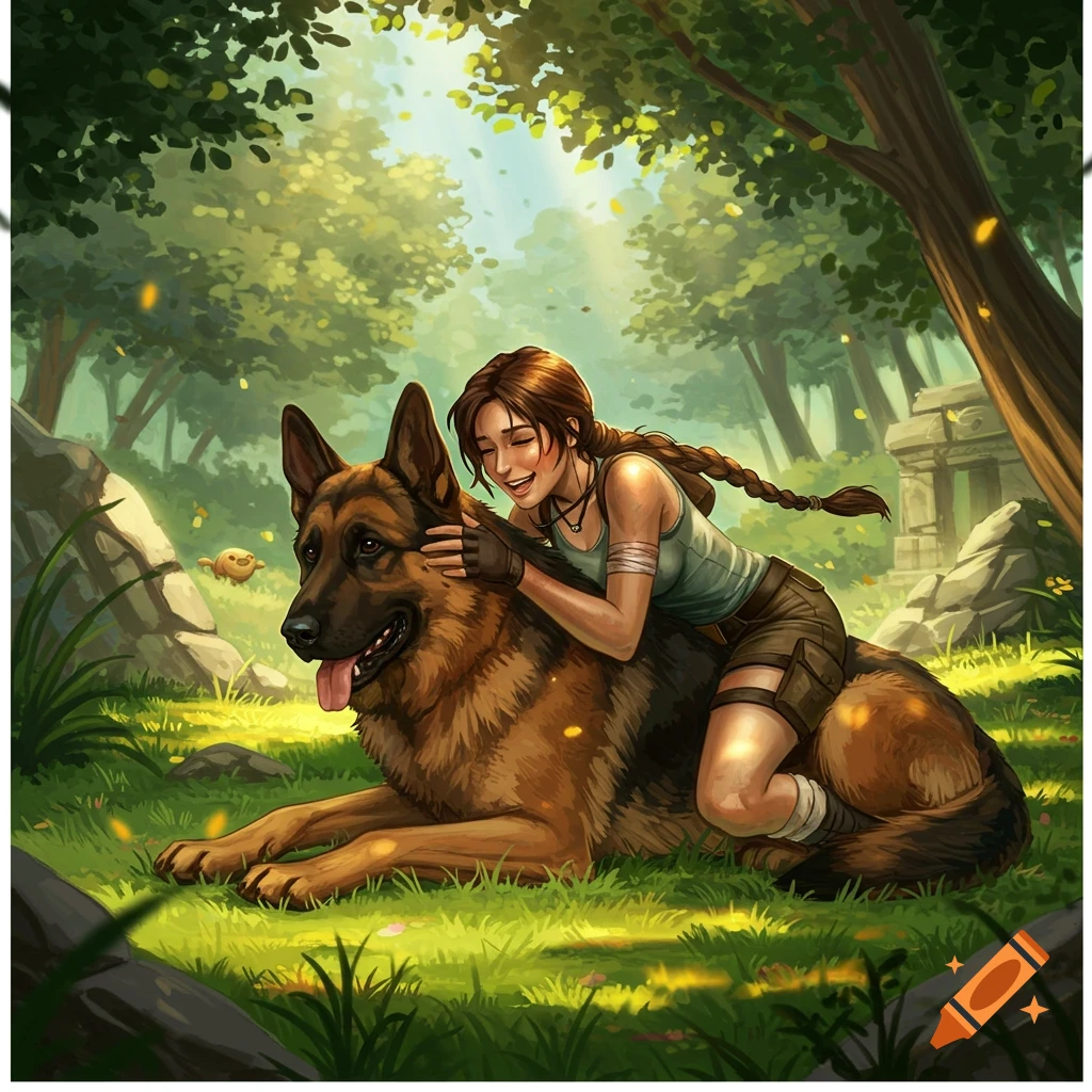 A smiling Lara Croft hugs a German Shepherd lying in a sunlit forest, illustrated art.