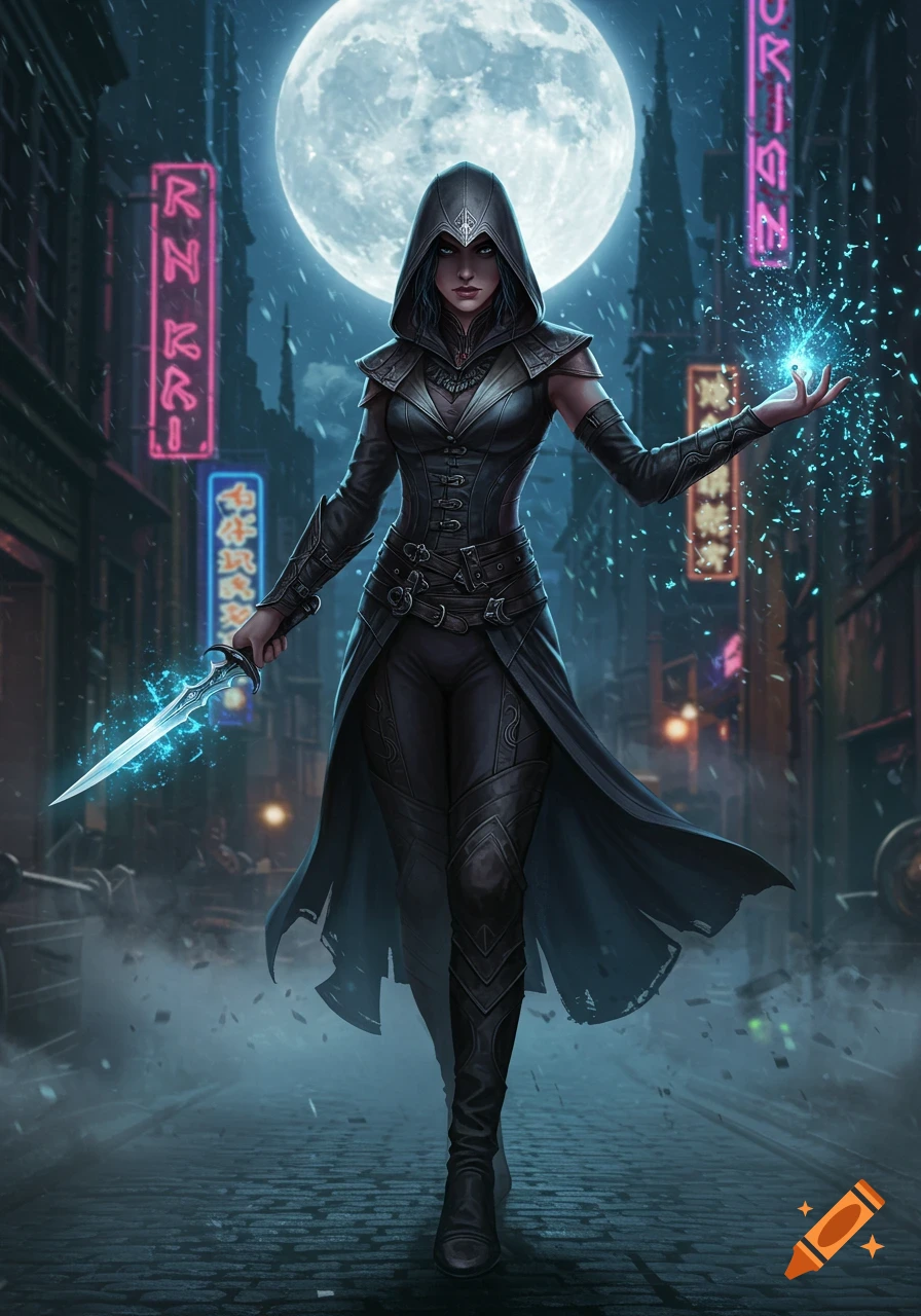A hooded female assassin in dark armor holds a glowing dagger and conjures magic in a rainy, neon-lit city street under a full moon.